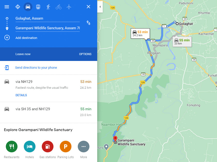 Golaghat Assam to Garampani Wildlife Sanctuary Assam Google Maps